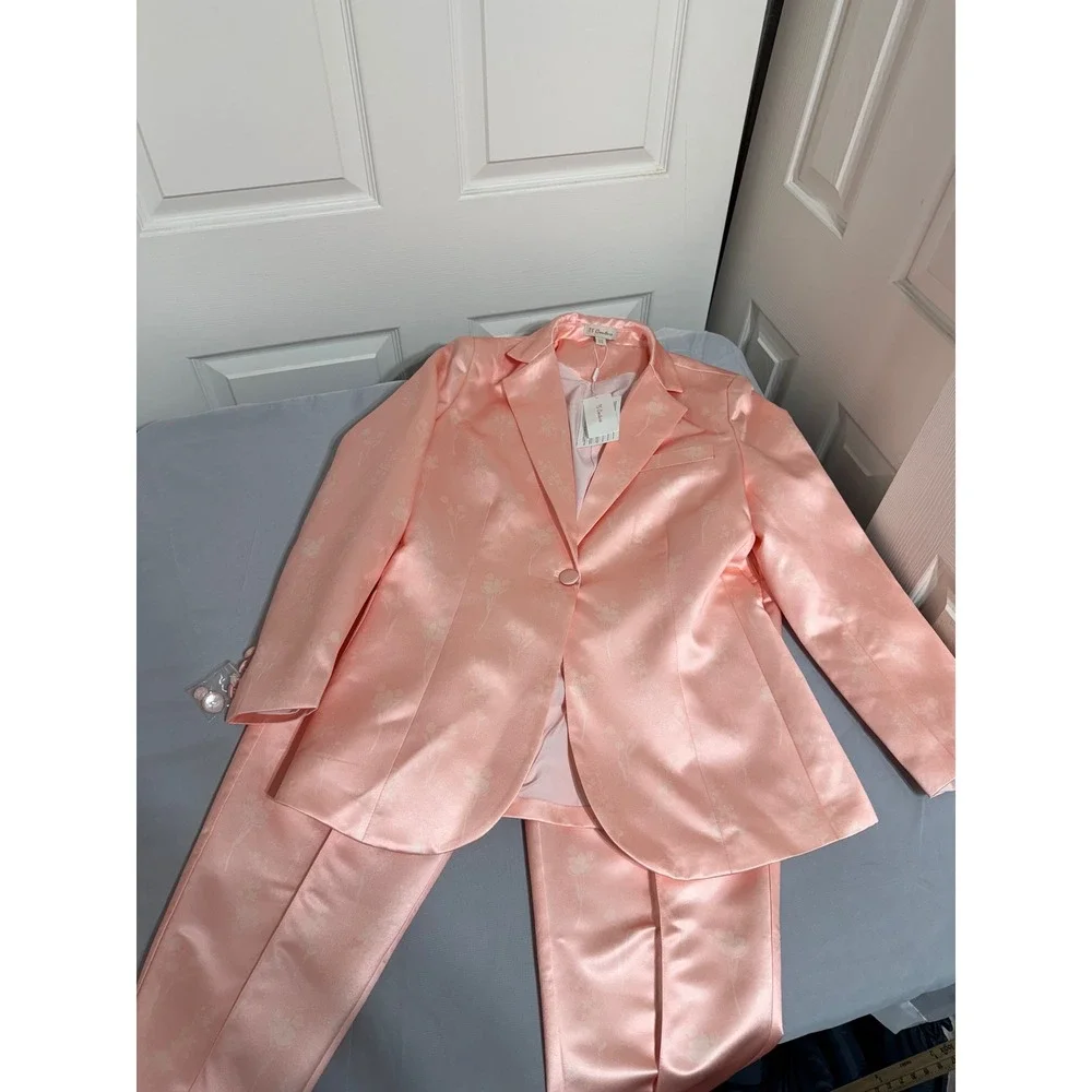TS Couture Peach Pink Satin Floral Jacquard 2 Piece Pant Suit Set Womens 10 NEW